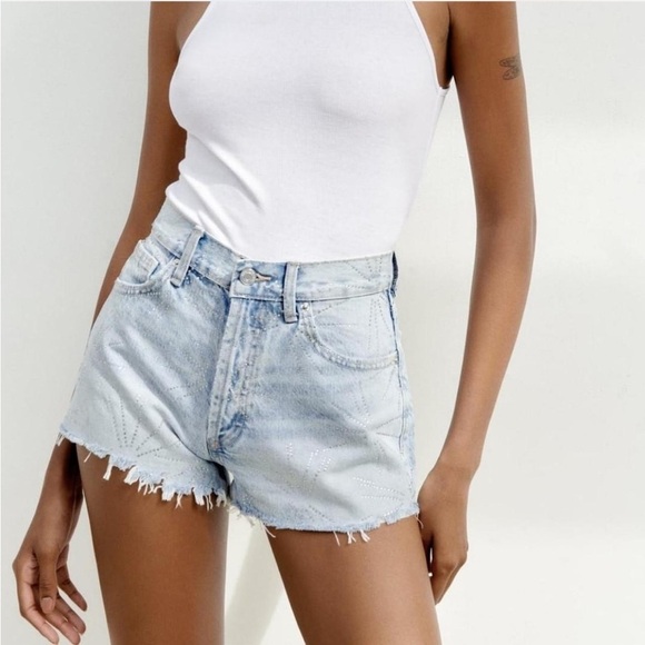 Zara Pants - ZARA Rhinestone Fireworks Blue Denim Ripped Jean Shorts Sz 40/ US 8
